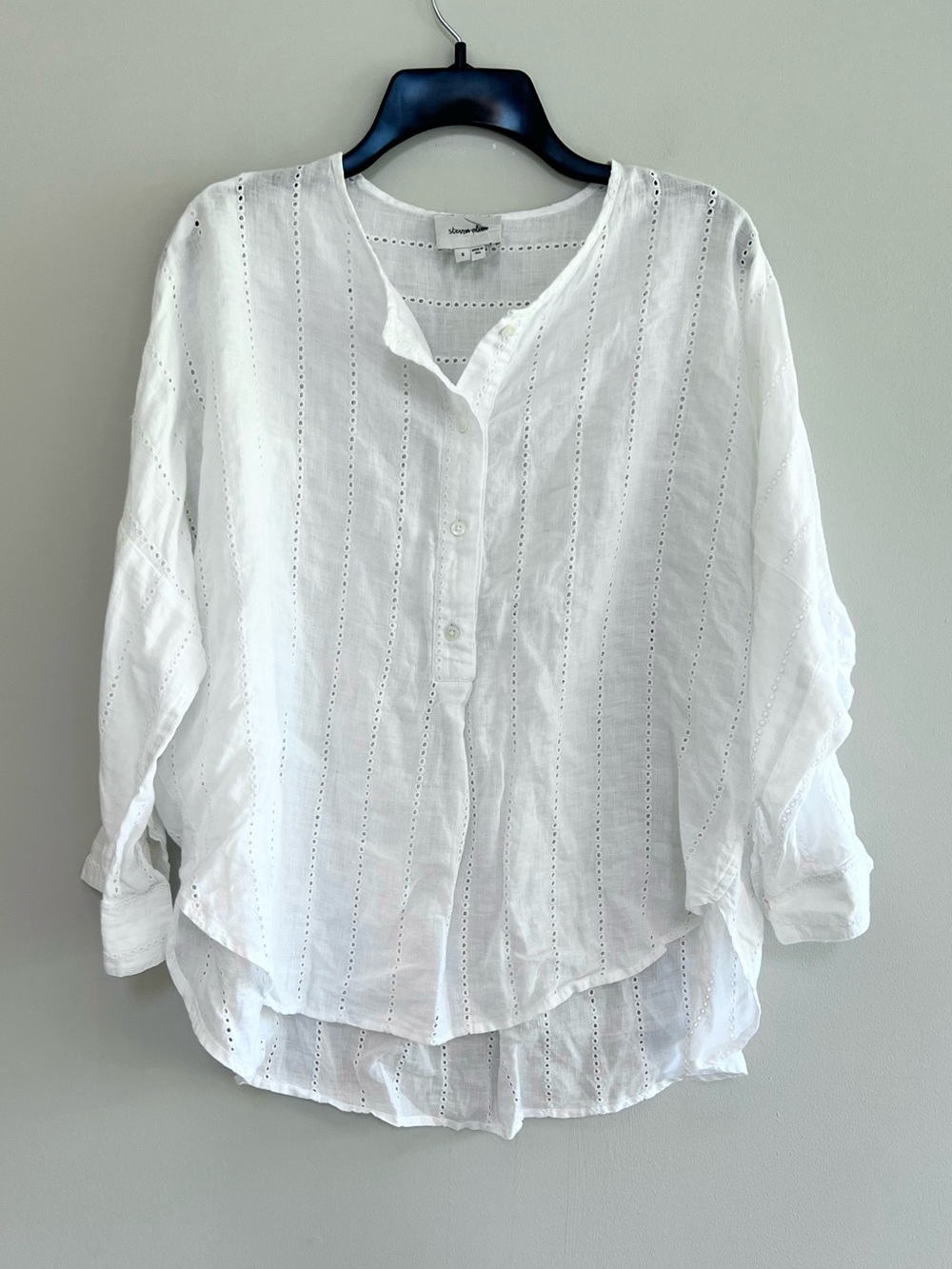 Steven Alan Collarless Button Front Cotton Eyelet Oversized Popover Blouse, S